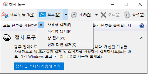 윈도우 캡처 도구 실행 화면