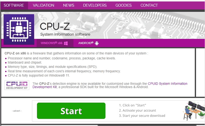 CPU-Z 다운로드 페이지의 설치 파일과 압축 파일 링크 목록