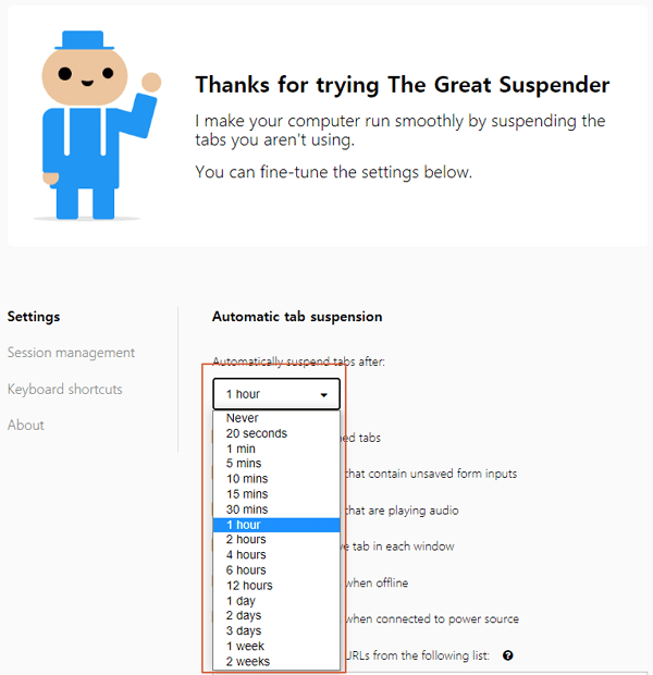 탭 자동 일시정지 확장 프로그램 Great Suspender 화면