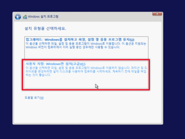 사용자 지정 설치 유형 선택